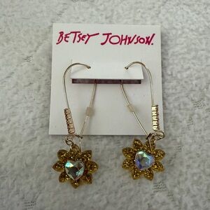 New Betsey Johnson Gold Flower Earrings with Heart Accents